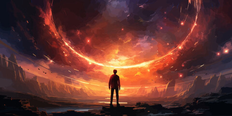 Wall Mural - the man looking at a strange rainbow light rise in front of him., digital art style, illustration pa