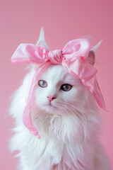  fluffy white cat with a large pastel pink bow on its head against a solid light pink background, lady pet, cute pet care, grooming salon concept	