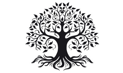 Tree of life with leaves, vector illustration tree with roots outline line drawing