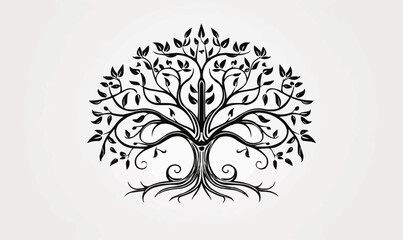 Tree of life with leaves, vector illustration tree with roots outline line drawing