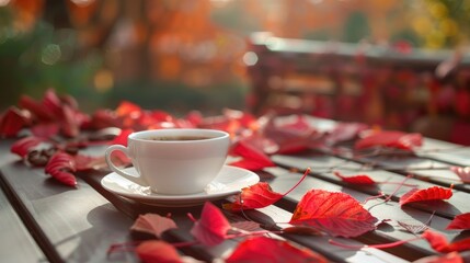 Wall Mural - Coffee or cappuccino cup on table with red autumn leaves background blurry