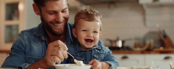 At home, a father and his toddler son eat fruit and yoghurt.