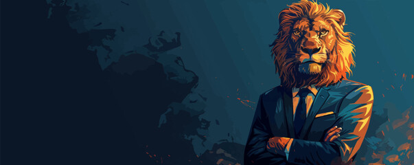 Business portrait of a lion man in a business suit on a dark background, the energy of a leader and leader, strength and confidence, the beast. vector simple illustration