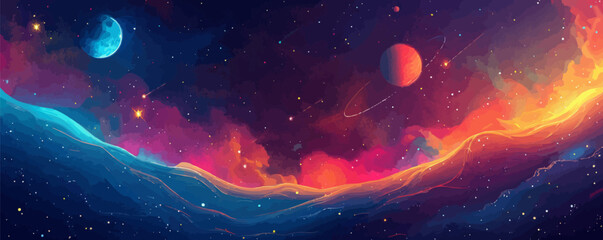 dreamy celestial bridge spanning across a galaxy, connecting distant stars and planets. vector flat 