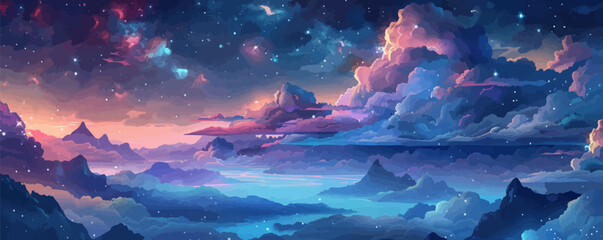 Wall Mural - dreamy celestial realm with floating islands, ethereal clouds, and shimmering starlight. vector flat