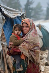 Portrait of a mother holding her young child in a refugee camp, wrapped in colorful traditional clothes, reflecting the enduring strength of familial bonds in difficult circumstances