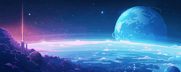 Wall Mural - futuristic space elevator rising high above the earth, connecting to distant space stations. vector 