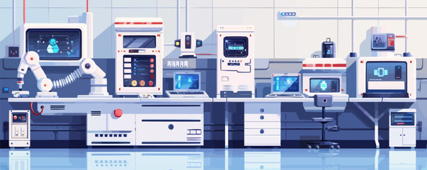 futuristic technological laboratory with innovative equipment and robots. vector flat minimalistic i
