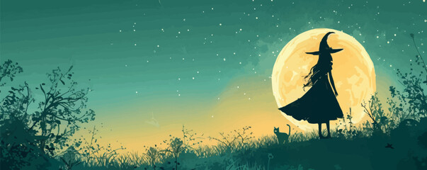 Wall Mural - halloween witch with cat against full moon. vector simple illustration