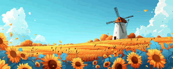 Idyllic countryside windmill surrounded by fields of blooming sunflowers, with a clear blue sky overhead. Vector flat minimalistic isolated illustration.