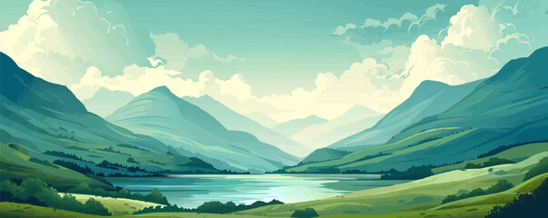 Wall Mural - Inspiring landscape with a mountain lake and green hills. vector simple illustration