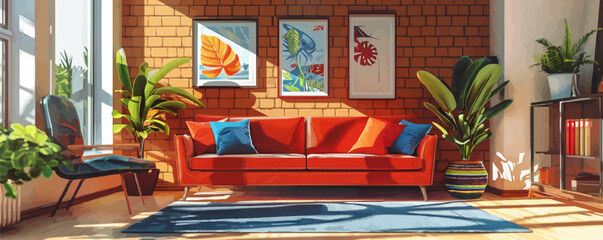 Interior in mid century art style. vector simple illustration