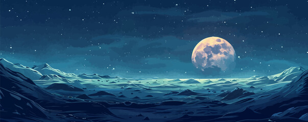 Wall Mural - mysterious lunar landscape with a lunar crater and starry sky. vector flat minimalistic isolated ill