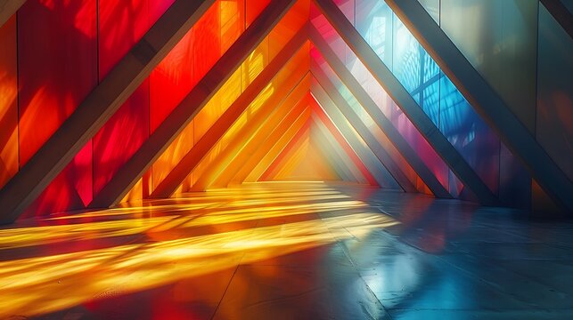 An abstract background featuring triangular prisms casting colored shadows, bright and bold colors, hd quality, digital art, high contrast, geometric precision, modern design, artistic abstraction.