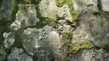 Wall Mural - Cracks in old building walls damaged moist with moss and dog paw imprints and leaf shadows visible