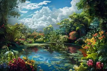 Wall Mural - Cloud reflections on a still pond in a lush garden, with colorful flowers and greenery framing the scene, creating a peaceful and harmonious natural setting 