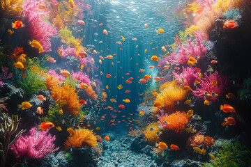 An underwater scene with vibrant coral reefs and diverse marine life. Concept of biodiversity and the ocean. Generative Ai.