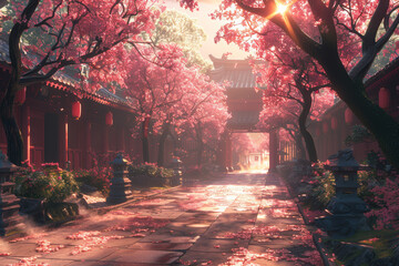 Wall Mural - A serene monastery garden with blooming cherry blossoms. Concept of spirituality and peace. Generative Ai.