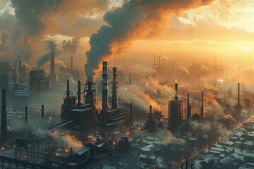 Wall Mural - An industrial landscape with factories and smokestacks. Concept of progress and industry. Generative Ai.