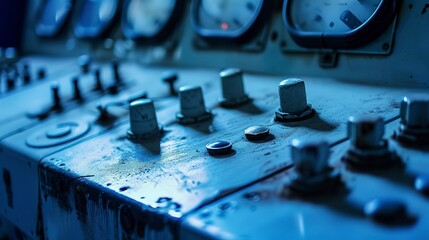 Poster - Factory control panel, numerous buttons, worn labels, no human, close-up, cool blue lighting, clear focus 