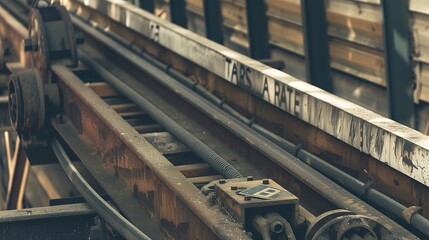 Poster - Industrial conveyor belt, close-up of mechanics, no human, safety first signs, neutral tones, detailed texture 