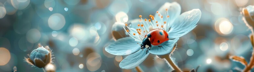 Ladybug resting on a white flower with a bokeh backdrop Beautiful macro photography of a ladybug on a flower, emphasizing nature s delicate beauty