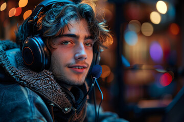 Poster - A young man recording a podcast in his home studio. Concept of creativity and media. Generative Ai.