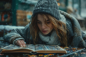 Poster - A woman doing a puzzle on a rainy afternoon, savoring the moment. Concept of patience and enjoyment. Generative Ai.