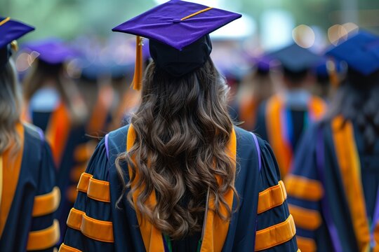 Rear view of graduates wearing academic regalia and purple graduation caps, walking in procession during a commencement ceremony