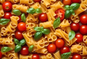 Wall Mural - A top-down view of a plate of pasta with tomatoes and basil, arranged in a colorful pattern.