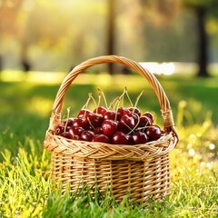 Wall Mural - Ripe cherries in a wicker basket on sunlit grass in a park,basket, fruit, food, isolated, grape, ripe, red, cherry, 