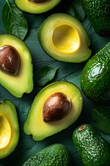 Wall Mural - Avocados halved on a green table with leaves, natural food