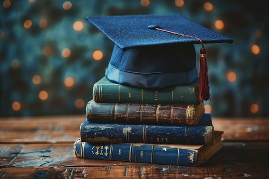 a blue graduation cap rests on top of a stack of old, leather-bound books against a blurred backdrop