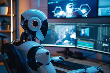 Leinwandbilder - Working AI Designer in Office Using Multiple Computer Screens