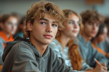 Wall Mural - A young man with blond hair intently looks forward during an educational admission test