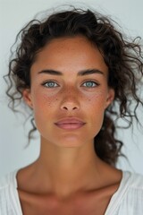 AI generated illustration of a close-up portrait of a female model with green eyes and freckles