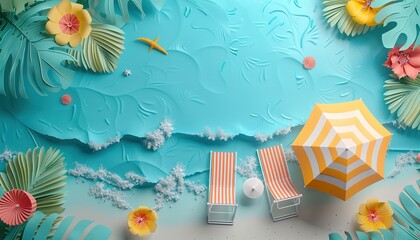 3d paper paradise bright sunny colors island beach umbrella two lounge chairs tropical beach backgro