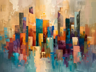 Abstract painting of urban skyscrapers Oil color painting. Generative AI.