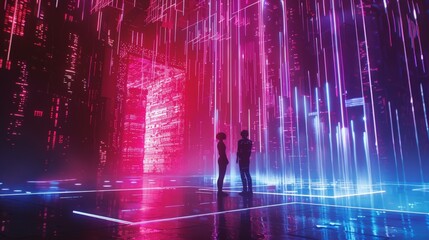 Two people stand illuminated in a futuristic, neon-lit virtual reality space filled with bright pink, purple, and blue digital light patterns.