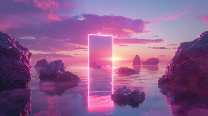 Wall Mural - 3d rendering. Abstract futuristic wallpaper with sunset or sunrise and glowing neon rectangular portal. Mystical landscape with rocks and reflection in the water 