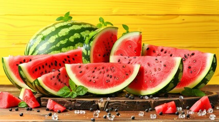 Wall Mural - A bunch of juicy pieces of watermelon are drained and in ice water, neon style, bright yellow background, wide banner