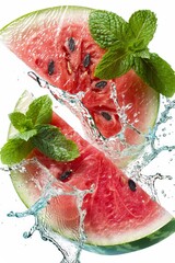 Wall Mural - Watermelon and mint on water splash, abstract in bright colours, minimalist style, on white glass solid background, vertical