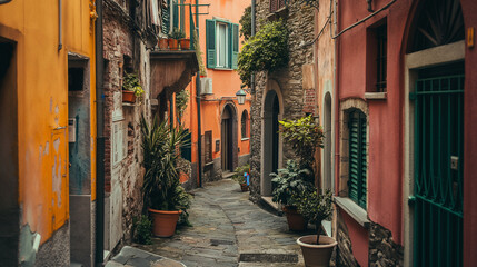  A picturesque alley with colorful buildings adorned with plants in an Italian village