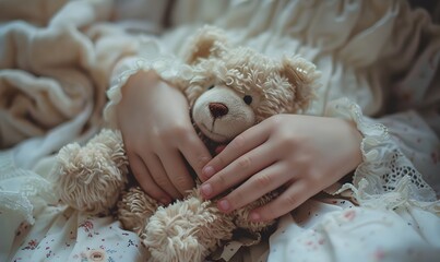 a woman's hand holding a teddy bear, Generative AI