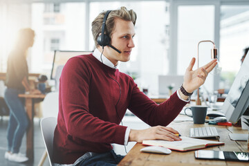 Sticker - Call center, man and talking for customer service on computer with legal advice, explaining and contact us. Consultant, microphone and helping at telemarketing agency with consulting and CRM operator