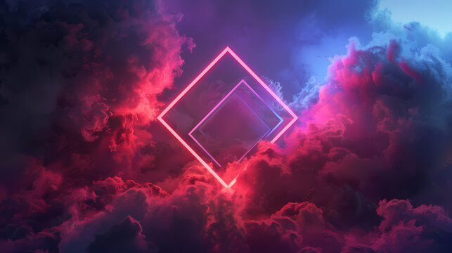 3d rendering, abstract futuristic background with neon geometric shape and stormy cloud on night sky. Rhombus frame with copy space