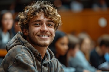 Wall Mural - A young male student with curly hair smiles at the camera while sitting in a university classroom