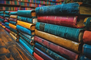 Wall Mural - A close-up view of a stack of vintage books in a library setting