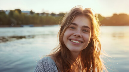 Wall Mural - Smiling young woman by the riverside at sunset