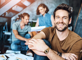 Poster - Business people, portrait and man in modern office, teamwork and cooperation for design agency. Face, group or happy employees with entrepreneurship, creativity or company development with consultant
